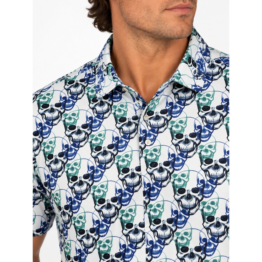 Chase 54 Mens Skull Print Golf Polo Shirt White Green Blue Short Sleeve XL